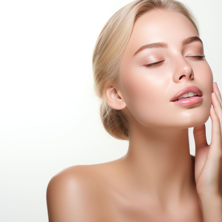 Photograph of a female model with clean and healthy skin touching her face, taken on a studio background.